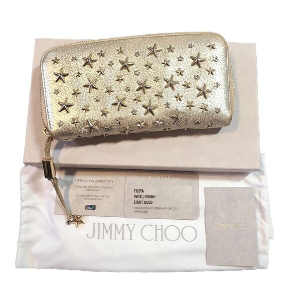 Jimmy Choo - Gold Metallic Filipa Star Studded Zippy Long Wallet w/ Box & COA - Picture 1 of 11